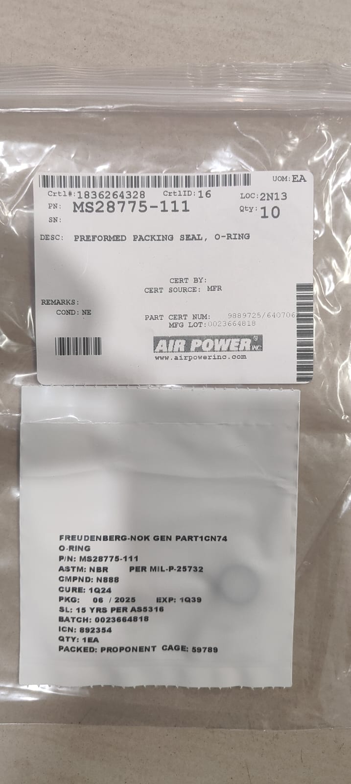 MS28775-111	PERFORMED PACKING SEAL, O-RING