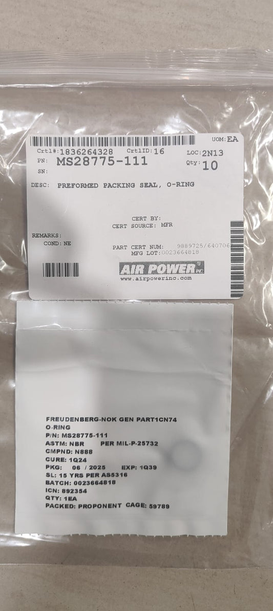 MS28775-111	PERFORMED PACKING SEAL, O-RING